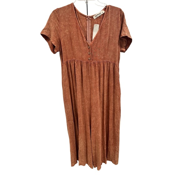 Three Bird Nest Pants - Three Bird Nest Rust Orange Acid Wash Linen Blend Wide Leg Jumpsuit Womens M
